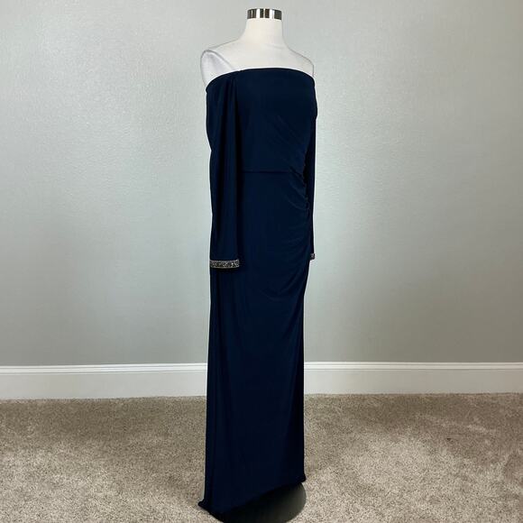 Adrianna Papell Women's Formal Dress Size 10 Blue Off the Shoulder Long Gown - Picture 4 of 14